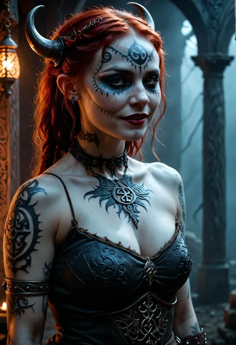 Horror-themed sfw ral-blacklight,cinematic film still 1 woman,busty,solo,(pale skin:1.3),face tattoos,tattoos,dvr-trd,red haired Viking goddess,viking body tattoos,demonic runic symbols,amazing cleavage,dusty Scandinavian background,fog,detailed skin,day of the dead,Ultra-HD-details,true to life,approaching perfection,dynamic,highly detailed,smooth,sharp focus,art by Carne Griffiths and Wadim Kashin,trending on artstation,sharp focus,intricate details,highly detailed,by greg rutkowski,mysterious,ral-blacklight,epic,cinematic,create a photo realistic image that the viewer has never envisioned before,the image should demonstrate extreme creativity,imaginative,bold,inspiring,original in subject,original in style,amazing composition,intricately detailed,absurdly complex,. shallow depth of field,vignette,highly detailed,high budget,bokeh,cinemascope,moody,epic,gorgeous,film grain,grainy,  Demon style,Demon style,horror,blood,smile,ghost,barbarian, . Eerie, unsettling, dark, spooky, suspenseful, grim, highly detailed