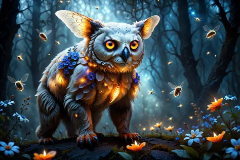 The concept in the image portrays a giant mystical creature, like a mix between a bear and an owl, owlbear with large, luminescent, orange eyes and elongated ears that seem to be glowing bright white. The creature is surrounded by an ethereal atmosphere with floating elements, and there are small blue flowers interspersed around it. The backdrop is a bright, swirling, and magical environment, emphasizing the otherworldly and enchanting nature of the creature.
The image is compositionally balanced with the creature centered and slightly tilted to the viewer's left. The glowing eyes are a strong focal point, drawing attention immediately. The surrounding bright environment creates a contrast, making the creature and its glowing elements stand out more prominently. The small orange flowers scattered around the creature add an additional layer of depth and interest to the image.
The image has a fantasy-inspired artistic style, characterized by its surreal and ethereal elements. The color palette is rich and moody, dominated by bright reds, whites, purples, oranges, and contrasting bright blue, creating a sense of mystique and wonder. The creature is depicted with exaggerated features, such as large ears and glowing eyes, which add to its otherworldly appearance.
The atmosphere of the image is mysterious, magical, and somewhat eerie. The bright, swirling background and floating elements create a sense of otherworldliness. The glowing eyes and luminescent ears of the creature add a touch of warmth and intrigue. Overall, the emotion conveyed is one of wonder and curiosity, drawing the viewer into the enchanting world of the image.
photo photorealistic realistic hyperrealistic photograph photographic photography
(fireflies:1.4), particles, fog, mist, fae, faerie, enchanted realm, pixie