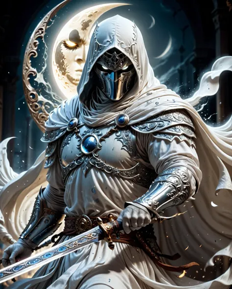 A closeup of fantastical image of a moon knight, clad in flowing, flowing robes, wielding an ornate, ornate blade. Their eyes are filled with power and determination, as they wield the sword in a fluid, dynamic motion. The moon's reflection highlights their magical power