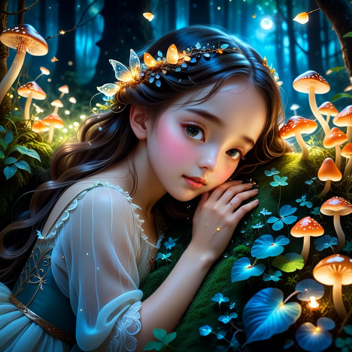 Маленькая девочка спит в объятиях Лесной Богини.,волшебный лес,сказочные цвета,ночь,светящиеся грибы,сверкающие светлячки,Мягкий лунный свет,деликатные детали,Фэнтези-арт,детальные текстуры,пышная зелень,волшебная атмосфера,безмятежный и мирный,красивый и неземной,девочка занимает 1/5 изображения,девушка в нижней части изображения посередине,Высокие деревья,густая листва,пасмурное небо,сумрачный лес,драматическая перспектива,грандиозный масштаб,чувство трепета,лес в центре внимания,Аниме стиль,большие глаза,милые черты лица,мягкие волосы,струящееся платье,милое и невинное выражение лица,яркие цвета,причудливый и очаровательный,детское чудо,красивый и очаровательный,**Подробные руки,Изящные пальцы,элегантные кончики пальцев,естественные позы рук,Реалистичная анатомия кисти,мягкая кожа,нежные вены,Идеальные ногти,Пять пальцев,пять цифр,Правильное строение рук,Никаких лишних пальцев,четко выраженные пальцы**,