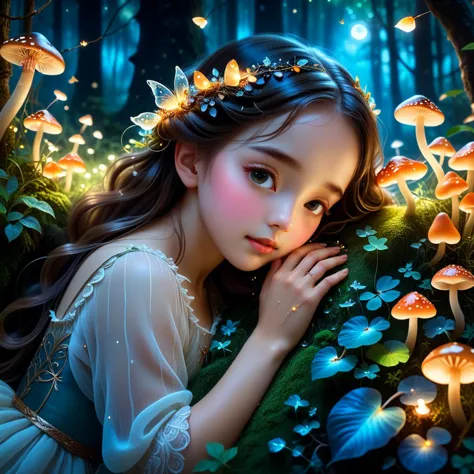 A small girl sleeping in the embrace of the Forest Goddess,magical forest,dreamlike colors,nighttime,glowing mushrooms,sparkling...