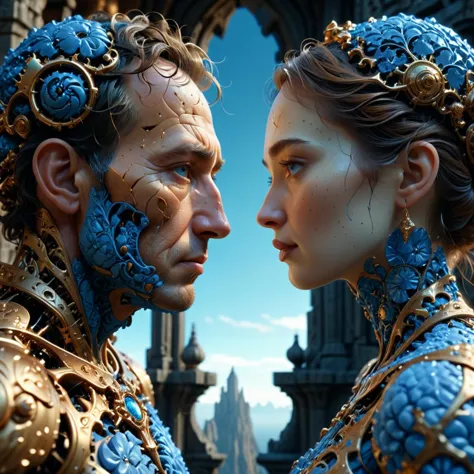a portrait of the impossible love of man and woman!!! in a scenic environment by james c. christensen, hyperdetailed photorealism 8k extremely detailed faces cinematic lighting hd octane render godrays surreal architecture concept art volumetric light 2blue fractal postprocessingtonagbrandt style sharp focus trending on arstation pinterest deviantart close up shot low angle shallow depth o 3 5 mm photograph dark background with golden
