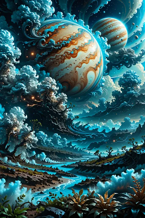 illustration of jupiter clouds by dan mumford, alien landscape and vegetation, epic scene, a lot of swirling clouds, high exposu...