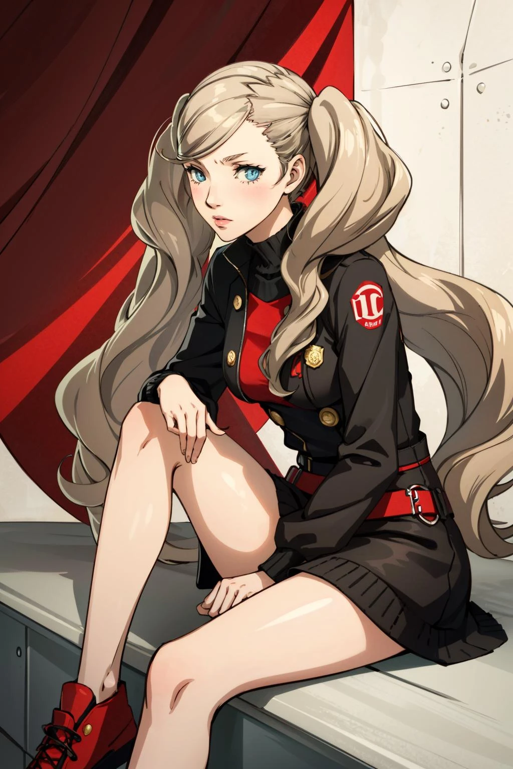((masterpiece, best quality))
Persona5AnnTakamaki, 1girl, solo, twintails, blue eyes, blonde hair, blush, Sitting with one leg folded