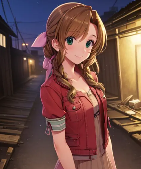 portrait, (adult woman), (1girl, solo), smile, (brown hair), green eyes, ((slums)), (night, hazy), ((best quality, high detail)), ((masterpiece)), <lora:Cha - Aerith v3:.75> aerith gainsborough, hair ribbon, braid, red cropped jacket, dress, <lora:1_lucie_20e:1>