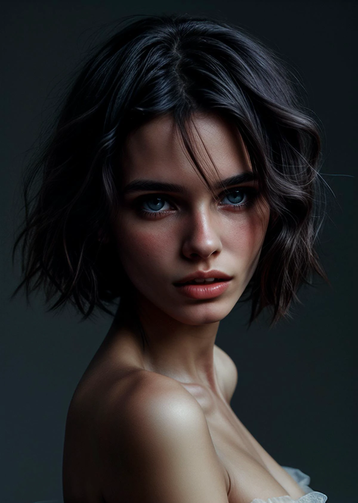 Uma bela e sensual fotografia de David Bellemere retratando uma jovem com aparência de vestido boêmio joh33, olhos detalhados, imagem recortada
