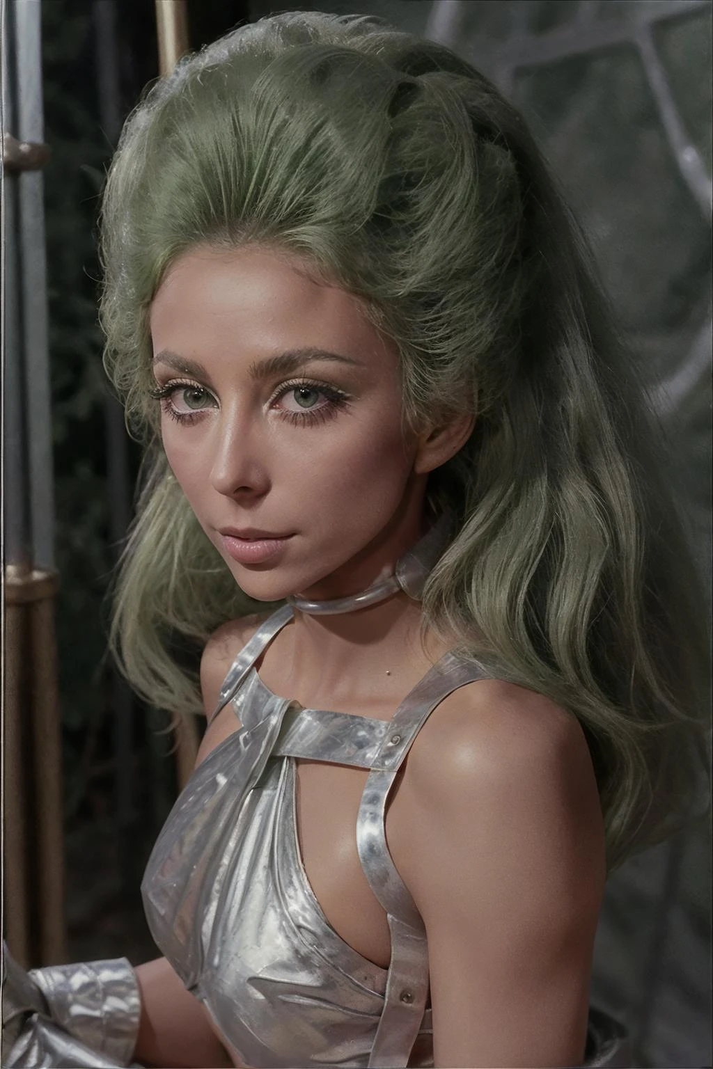 (close up:1.2) photorealistic photo of Shahnaap, a woman, green tinted hair, big hair, skinny body, skinny thighs, wearing a silver bikini outfit, metal collar, silver gloves, standing, looking at the camera, realistic, (masterpiece:1.1), (best quality:1.1), beautiful, (intricate details), unity 8k wallpaper, ultra detailed, aesthetic, perfect lighting,   