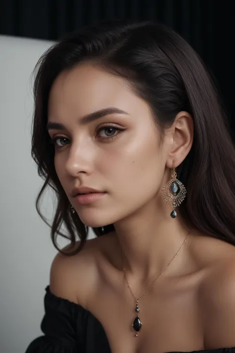 A close-up shot of a woman with a pensive expression, wearing a dark, off-the-shoulder dress and a single, statement piece of jewelry, The background should be out of focus and feature soft, warm tone