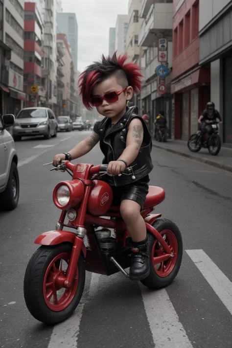 a cute tough toddler riding a red cyberpunk tricycle::1. 2, toddler has an aggressive attitude with an angry facial expression a...
