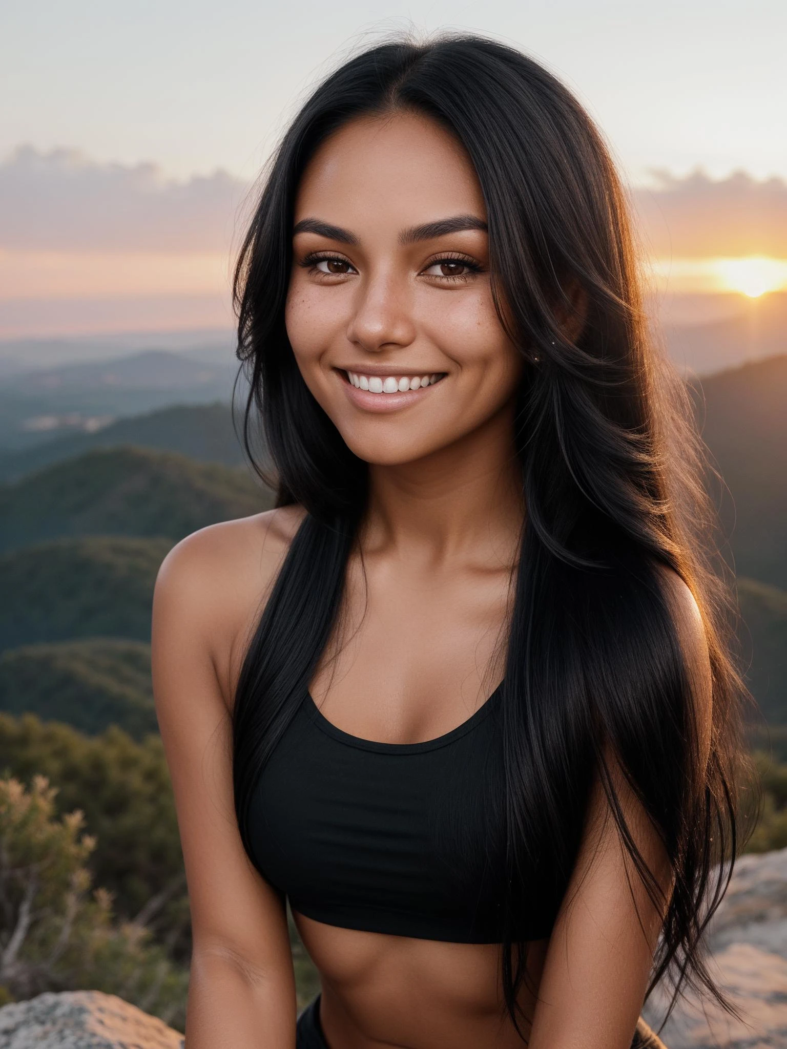(Retrato de rosto em close:1.4) garota bronzeada com longos cabelos pretos, corpo magro e em forma, no topo de uma montanha ao pôr do sol, sorridente