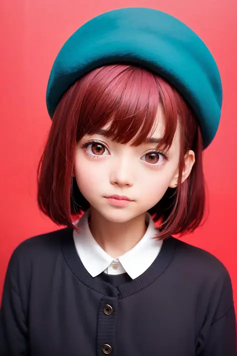 masterpiece, best quality,arima kana, big round eyes, vibrant red hair, innocent face, wearing a small blue beret on the side of...