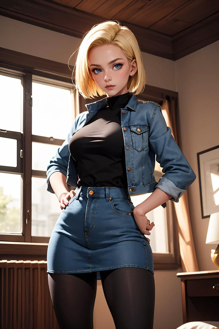 (Meisterwerk, beste Qualität), 1 Mädchen,  android 18, blondes Haar,kurzes Haar, blaue Augen, Jeansrock,schwarze Strumpfhose, schwarze Beinbekleidung, ärmellose Jeansjacke mit offener Passform,