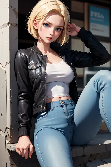 (masterpiece, best quality), 1girl,  <lora:android_18:1> android 18, blonde hair,short hair, blue eyes, jeans skirt,black pantyh...