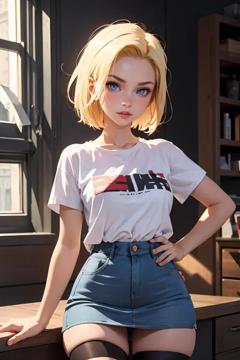 (masterpiece, best quality), 1girl,  <lora:android_18:1> android 18, blonde hair,short hair, blue eyes, jeans skirt, black legwe...