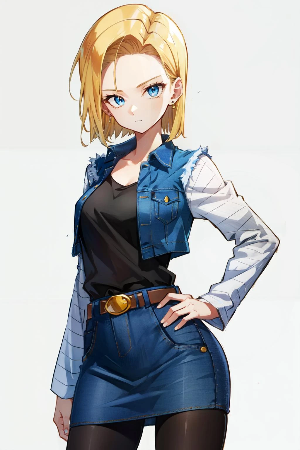 androïde 18, ceinture, main sur la hanche, regarder le spectateur, jean, fond blanc, black chemise, cheveux courts, jean jupe, seulement, jupe, cheveux blond, brown ceinture, yeux bleus, manches rayées, bouche fermée, chemise, 1fille, des boucles d&#39;oreilles, fond simple, bijoux, collants, manches longues 