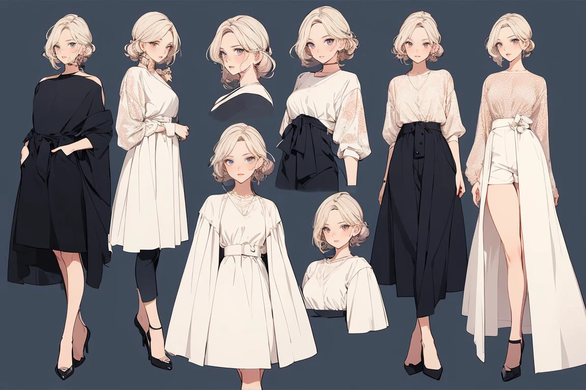 в стиле ИИ манхва,Нежная иллюстрация аниме девушки в модном стиле, лист модели персонажа, (многопросмотр:1.2) , (Текучесть кадров:1.3), 