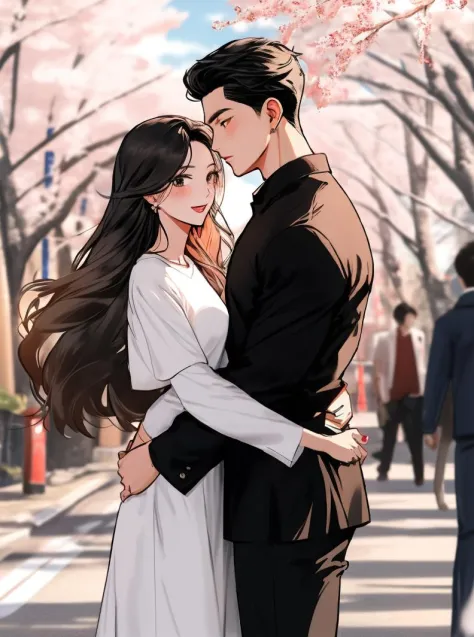 in the style of AImanhwa, Male and female students, men wearing white shirts with long sleeves and black pants, women wearing sh...