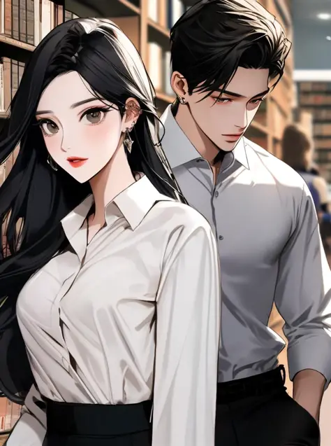 in the style of AImanhwa, Male and female students, men wearing white shirts with long sleeves and black pants, women wearing sh...