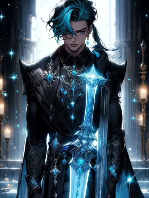 + +, 1boy, aqua hair, black hair, diffraction spikes, earrings, gem, glint, horns, jewelry, long hair, long sleeves, male focus,...