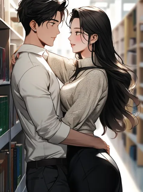 in the style of AImanhwa, Male and female students, men wearing white shirts with long sleeves and black pants, women wearing short-sleeved shirts with black narrow skirts, embracing each other in the library, by the window, on the bookshelves, the light is drawn towards. face affects person, Korean art style,ultra-realistic, master piece, UHD, awrad winning design, Artstation, (ultra detailed), (illustration) ,(masterpiece:1.2),(best quality:1.2)