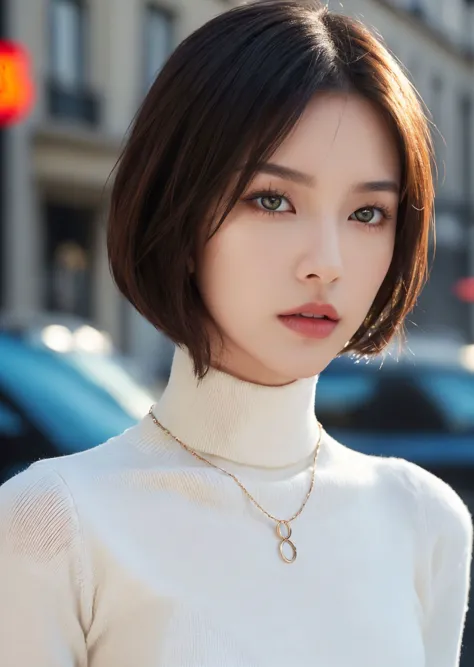 a woman with a white turtle neck sweater and a necklace