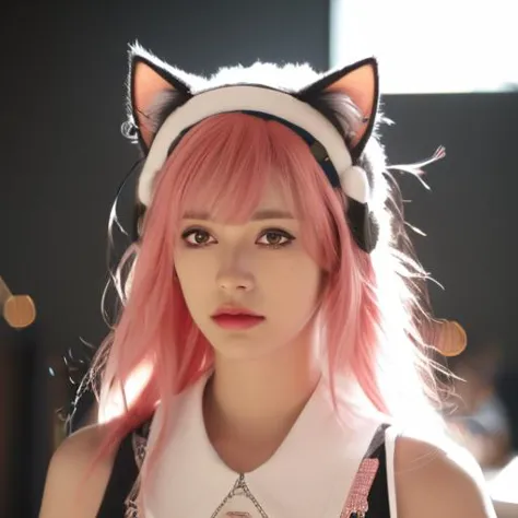 a close up of a person with pink hair wearing a cat ear headband