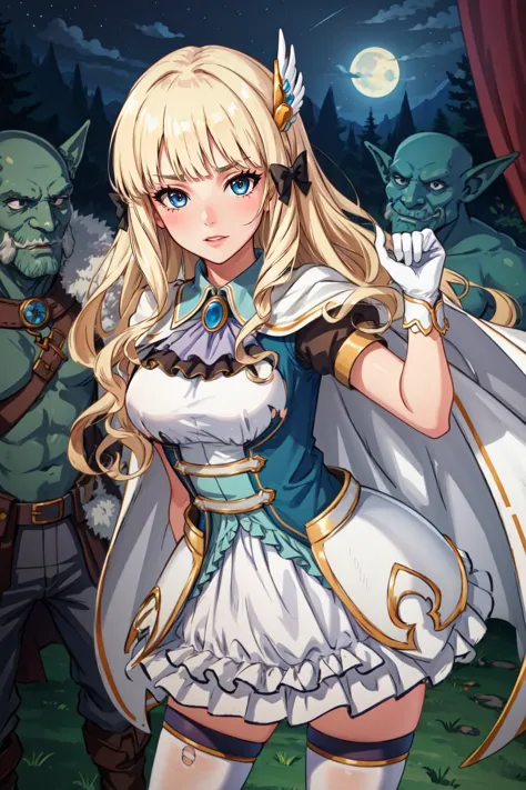 (masterpiece, best quality),  intricate details,
1girl,  <lora:saren_v1:0.8> aasaren, long hair, blonde hair, hair bow, black bow, hair ornament, blunt bangs, pointy ears, large breasts, brooch, white cape, aqua dress, underbust, short sleeves, white gloves, white skirt, frilled skirt, white thighhighs, 
 <lora:goblin gangbang :0.8> goblin gangbang,multiple boys, goblins, 
torn clothes, scared, blood, night, dark,