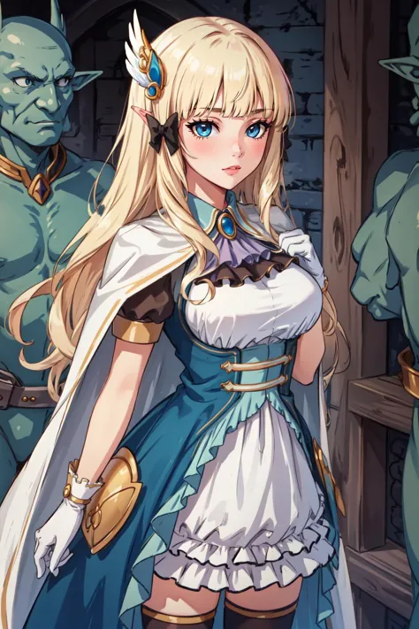 (masterpiece, best quality),  intricate details,
1girl,  aasaren, long hair, blonde hair, hair bow, black bow, hair ornament, blunt bangs, pointy ears, large breasts, brooch, white cape, aqua dress, underbust, short sleeves, white gloves, white skirt, frilled skirt, white thighhighs, 
 goblin gangbang,multiple boys, goblins,