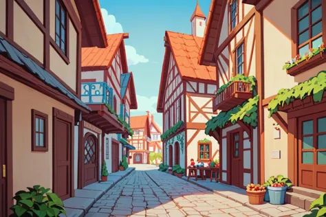 cartoon illustration of a street with a cobblestone road and a clock tower