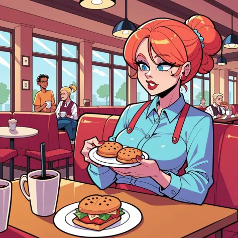 a woman in a diner holding a plate of food