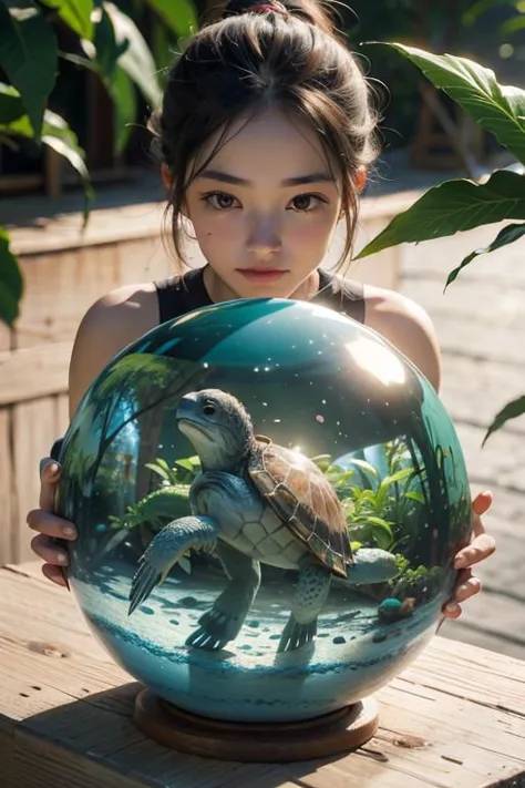 a woman holding a glass ball with a turtle inside of it