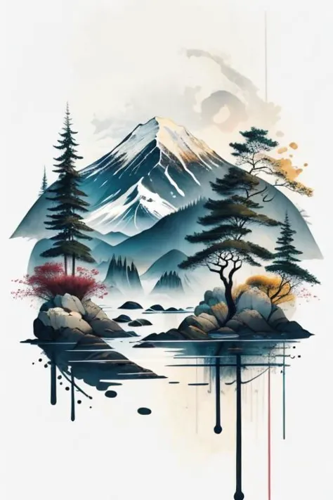 a painting of a mountain with trees and water