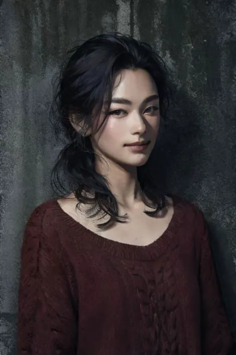 a woman in a brown sweater leaning against a wall