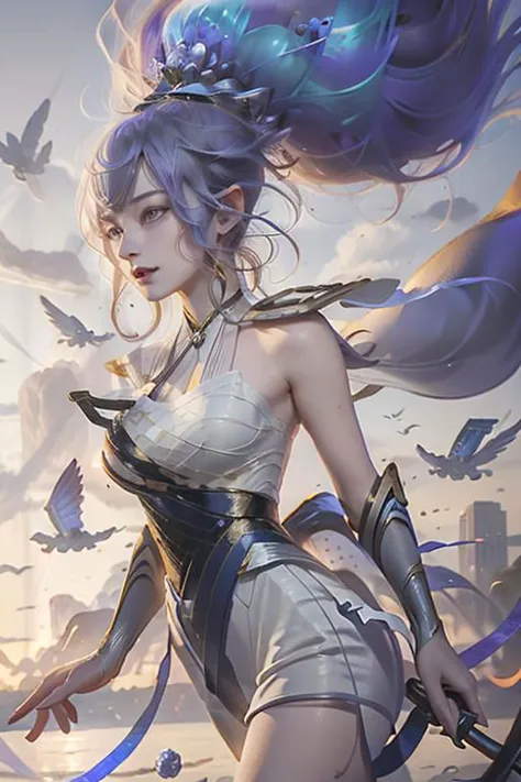 a woman with a sword and a dress on standing in front of a sky