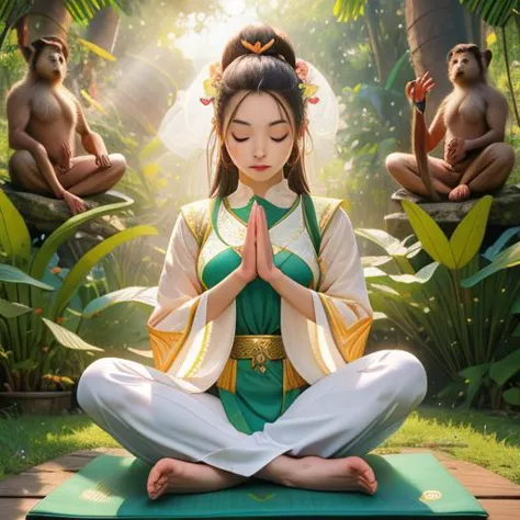 (걸작, 최고의 품질:1.2), 1girl lotus pose sitting on 심사 숙고 mat surrounded by monkeys,  심사 숙고, 잔디,  세부적인 얼굴, 고품질, 생생한 색상, 현실적인,  피부 범프, 피부 모공, 피부 보풀, 연모 얼굴 털, 하부 산란], 투명성, 소름이 돋다, 마이크로 디테일,  로터스 포지션, 연꽃 위치,