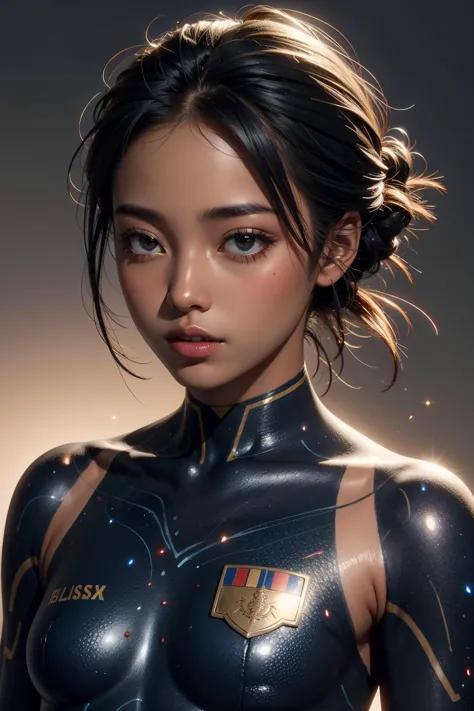 1fille,   uniformesbodypaint, peau sombre, uniforme militaire, colline de bataille, galaxie