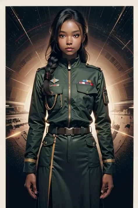 1fille, peau sombre, uniforme militaire, colline de bataille, galaxie