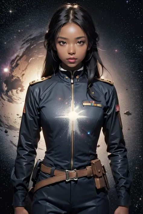 1fille, peau sombre, uniforme militaire, colline de bataille, galaxie