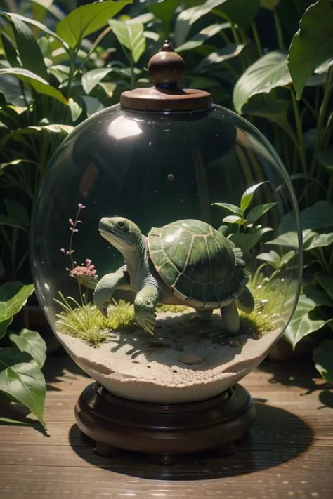 there is a turtle inside of a glass bowl with moss