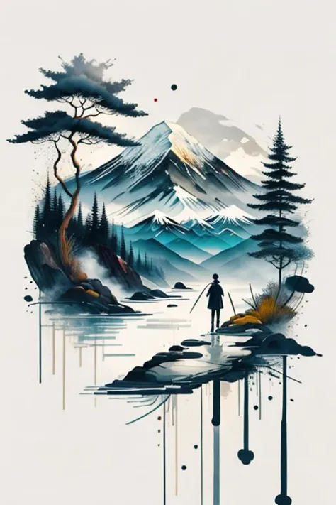 1 Mädchen, Weißer Hintergrund, Landschaft, ink, Berge, Wasser, Bäume