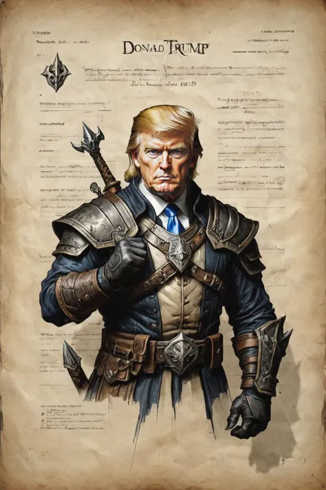 Skyrim style Donald Trump,<lora:ParchartXL-1.5:0.8>, on parchment, ink illustration , <lora:Perfect Hands:0.8> Perfect Hands