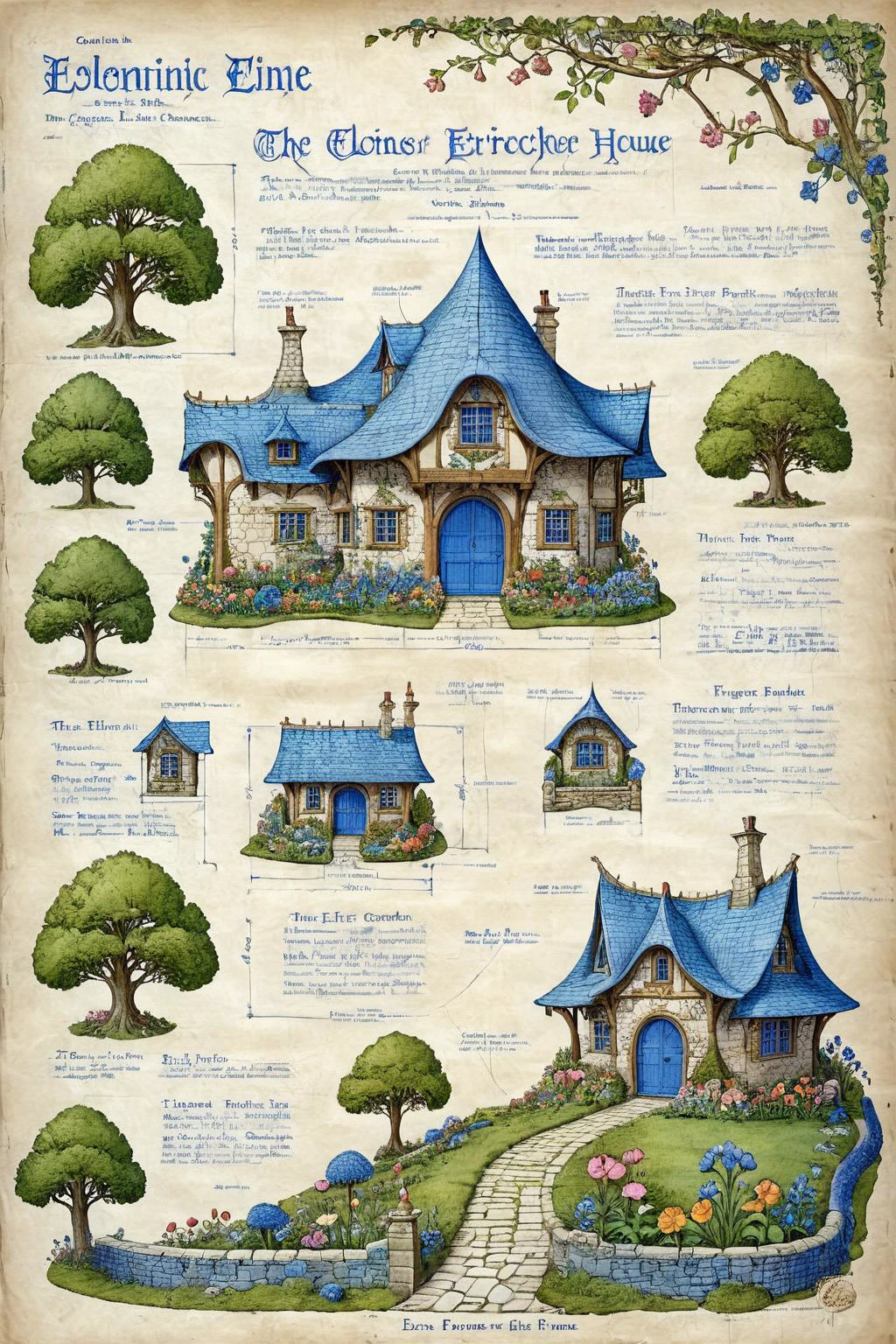 en pergamino,ilustración de tinta,bl3uprint,Un plano detallado para la construcción de un jardín de elfos.,una casa de madera estilo cuento de hadas,una gran cantidad de flores,bordes de flores,caminos de piedra,puentes bajos,texto de etiquetado detallado,Líneas de cuadrícula,