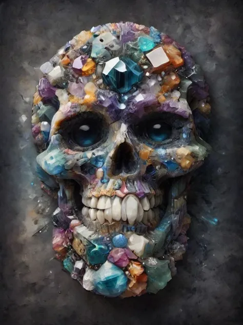 an old ral-dissolve (skull:0.5) made out of broken (ral-ntrgmstn:1.1), crystals, (nighttime cluttered cemetery:1.2), (baffling o...