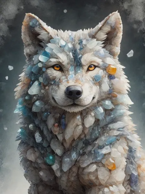 wolf made out of broken ral-ntrgmstn, crystals, winter background, (diamond glass:1.2), sparkling snowflakes, deep shadows, perf...