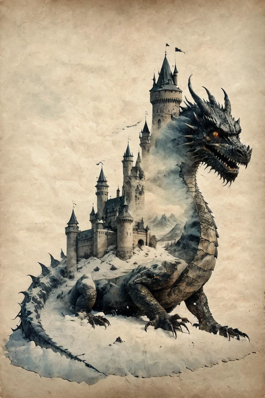 Exposición doble,un viejo castillo a la sombra de un dragón malvado,(nieve:1.4),por Christoffer Relander,Exposición doble,en pergamino,INK en pergamino,