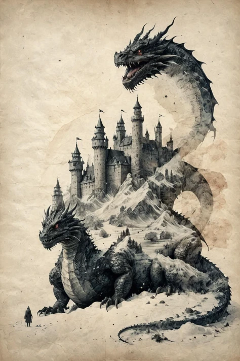 двойная экспозиция,старый замок в тени злого дракона,(снег:1.4),Кристофер Реландер,двойная экспозиция,НА ПЕРГАМЕНТЕ,INK НА ПЕРГАМЕНТЕ,