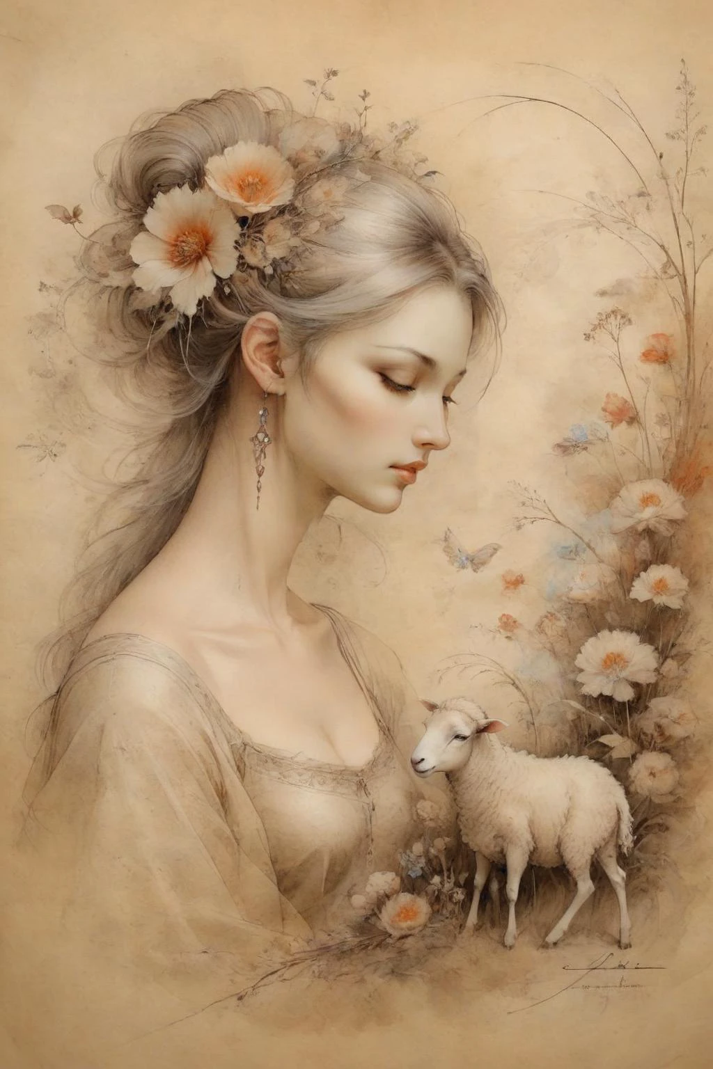 安妮·巴舍利尔 (Anne Bachelier) 风格的女孩,令人惊叹的美丽,绘于羊皮纸上,放羊,很多花,春天的气息,宁静,奇幻风格,华丽的细节,复杂的细节,杰作,美术,巴洛克风格与田园风情的融合,羊皮纸上,INK 羊皮纸上,
