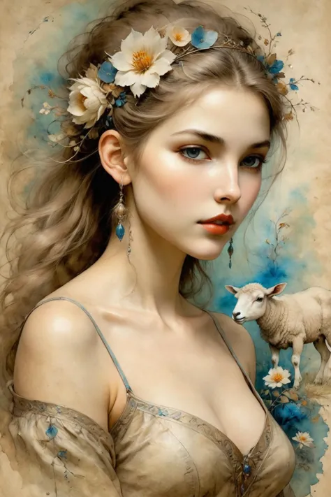 An Anne Bachelier style girl,stunning beauty,painted on parchment,herding sheep,lots of flowers,spring breath,serenity,fantasy s...