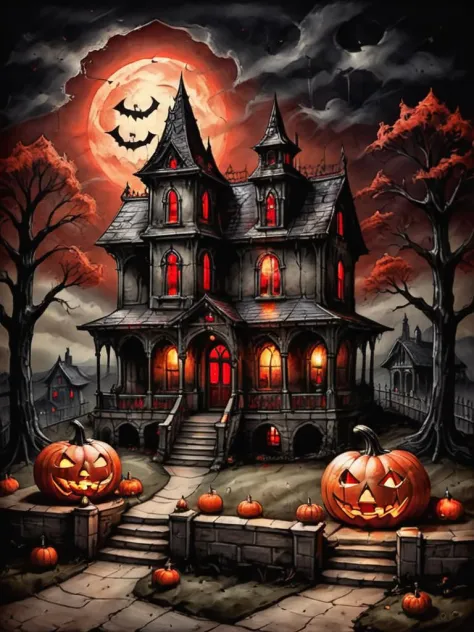 on parchment a haunted house on a hill, carved pumpkin on porch, red glowing windows, gothic, dark, eerie, horror <lora:Parchart...