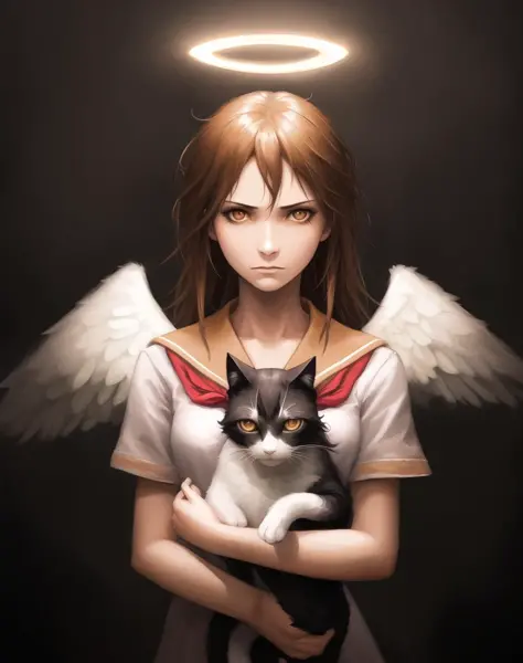 beautiful, masterpiece, best quality, 1girl, angel wings, brown eyes, brown hair, haibane renmei, halo, rakka, sailor collar, sc...